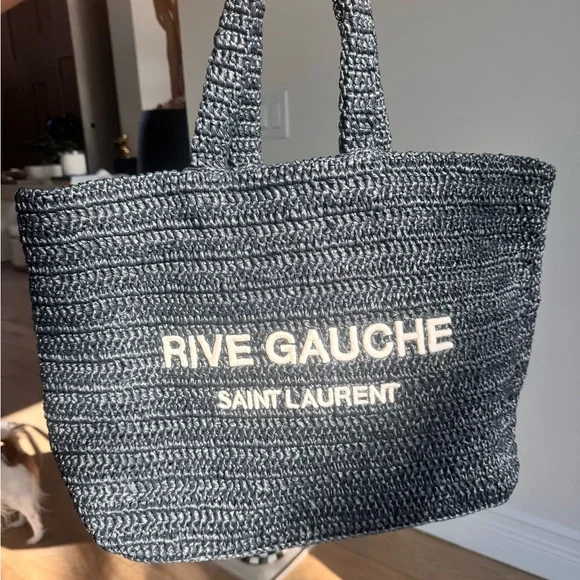 Saint Laurent Black Rive Gauche Crochet Tote with White Logo - Picture 6 of 7